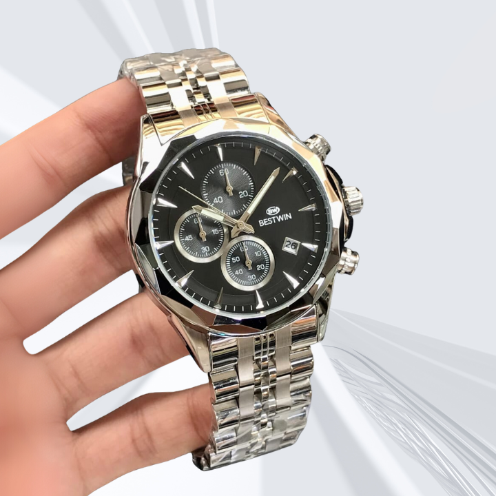 BESTWIN Men’s Chronograph Quartz Watch – Stainless Steel, Date & Stopwatch