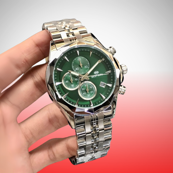 BESTWIN Men’s Chronograph Quartz Watch – Stainless Steel, Date & Stopwatch