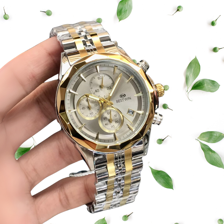 BESTWIN Men’s Chronograph Quartz Watch – Stainless Steel, Date & Stopwatch