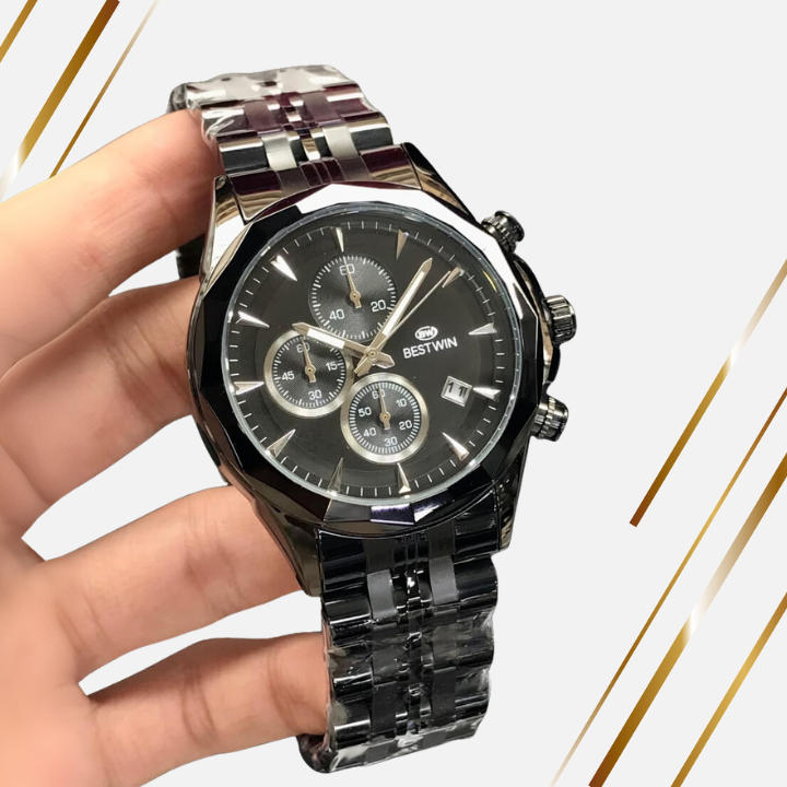 BESTWIN Men’s Chronograph Quartz Watch – Stainless Steel, Date &amp; Stopwatch