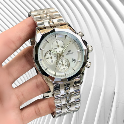 BESTWIN Men’s Chronograph Quartz Watch – Stainless Steel, Date &amp; Stopwatch