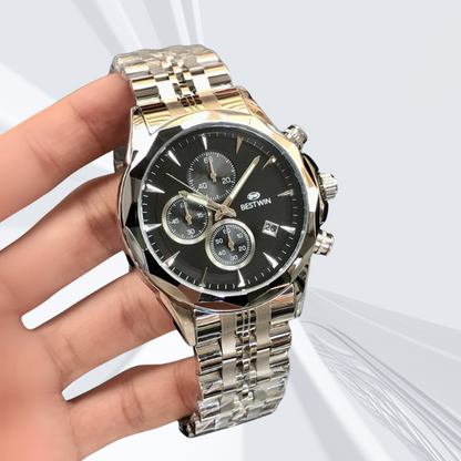 BESTWIN Men’s Chronograph Quartz Watch – Stainless Steel, Date &amp; Stopwatch