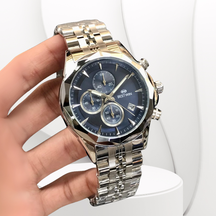 BESTWIN Men’s Chronograph Quartz Watch – Stainless Steel, Date &amp; Stopwatch