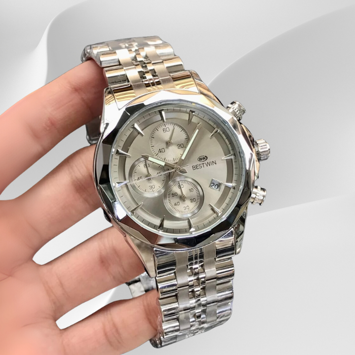BESTWIN Men’s Chronograph Quartz Watch – Stainless Steel, Date &amp; Stopwatch