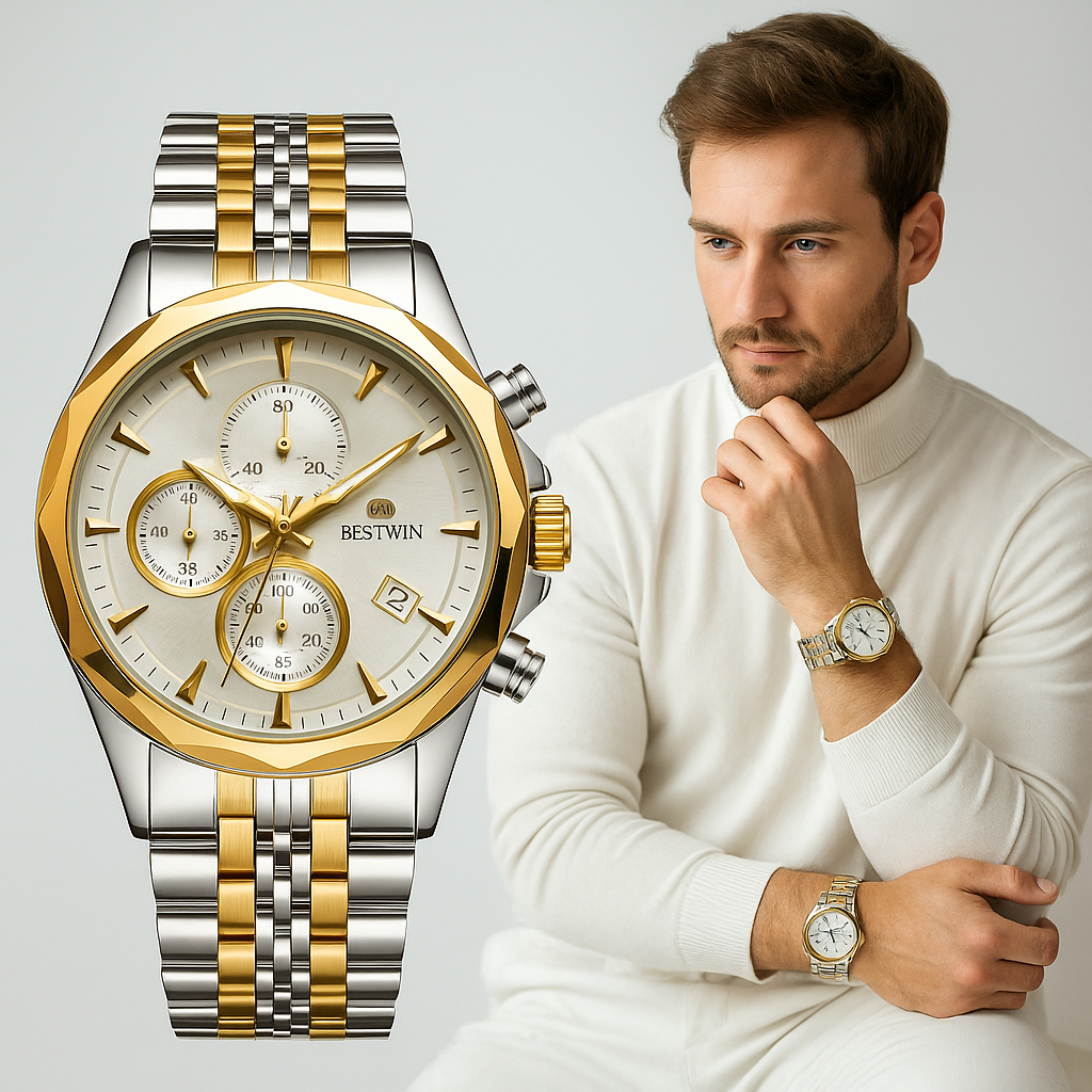 BESTWIN Men’s Chronograph Quartz Watch – Stainless Steel, Date &amp; Stopwatch