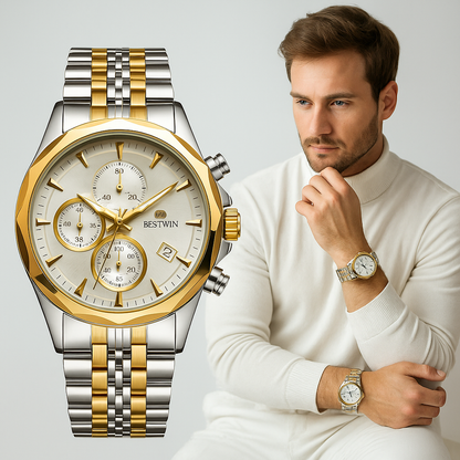 BESTWIN Men’s Chronograph Quartz Watch – Stainless Steel, Date &amp; Stopwatch