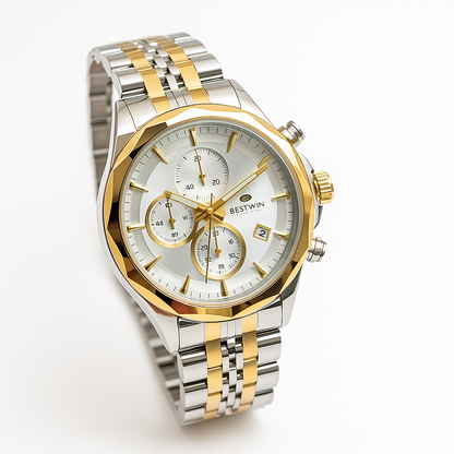 BESTWIN Men’s Chronograph Quartz Watch – Stainless Steel, Date &amp; Stopwatch